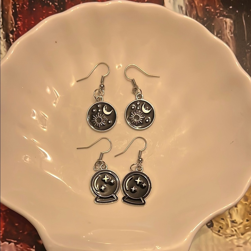 Crystal Ball and Sun & Moon Charm Pair of Earrings